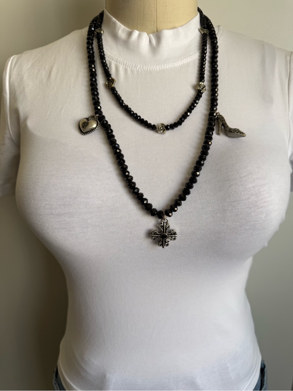 Black Beaded Cross & Charm Necklace Layered Set - Unbranded